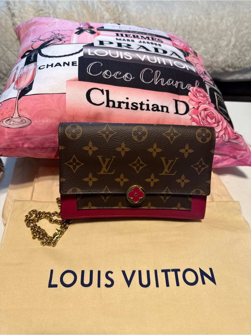Louis Vuitton Monogram Canvas Brown with Pink Trim Chain Wallet Crossbody